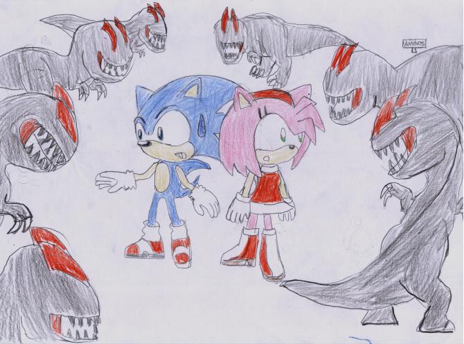 Sonic and Amy surrounded by AMnezcorp