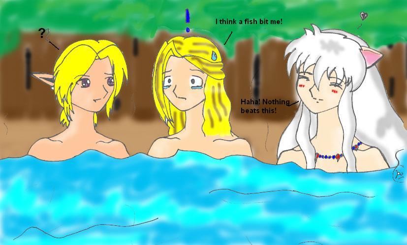 Link, Inuyasha and Phoenix at the Hot Spring by Aianarie