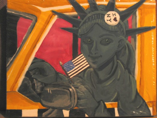 Statue of Liberty driving a taxi cab. by Allia