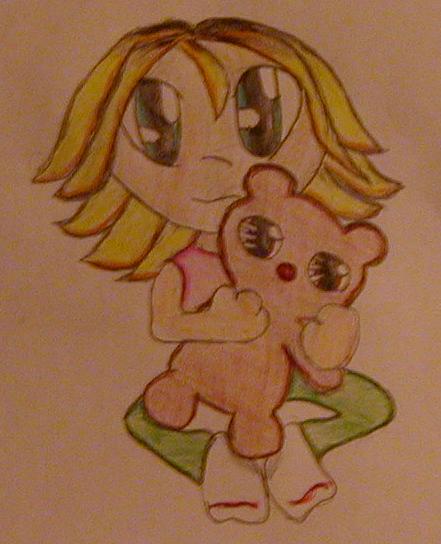 My cute little chibi with a teddy(colored) by Aminalcrackers