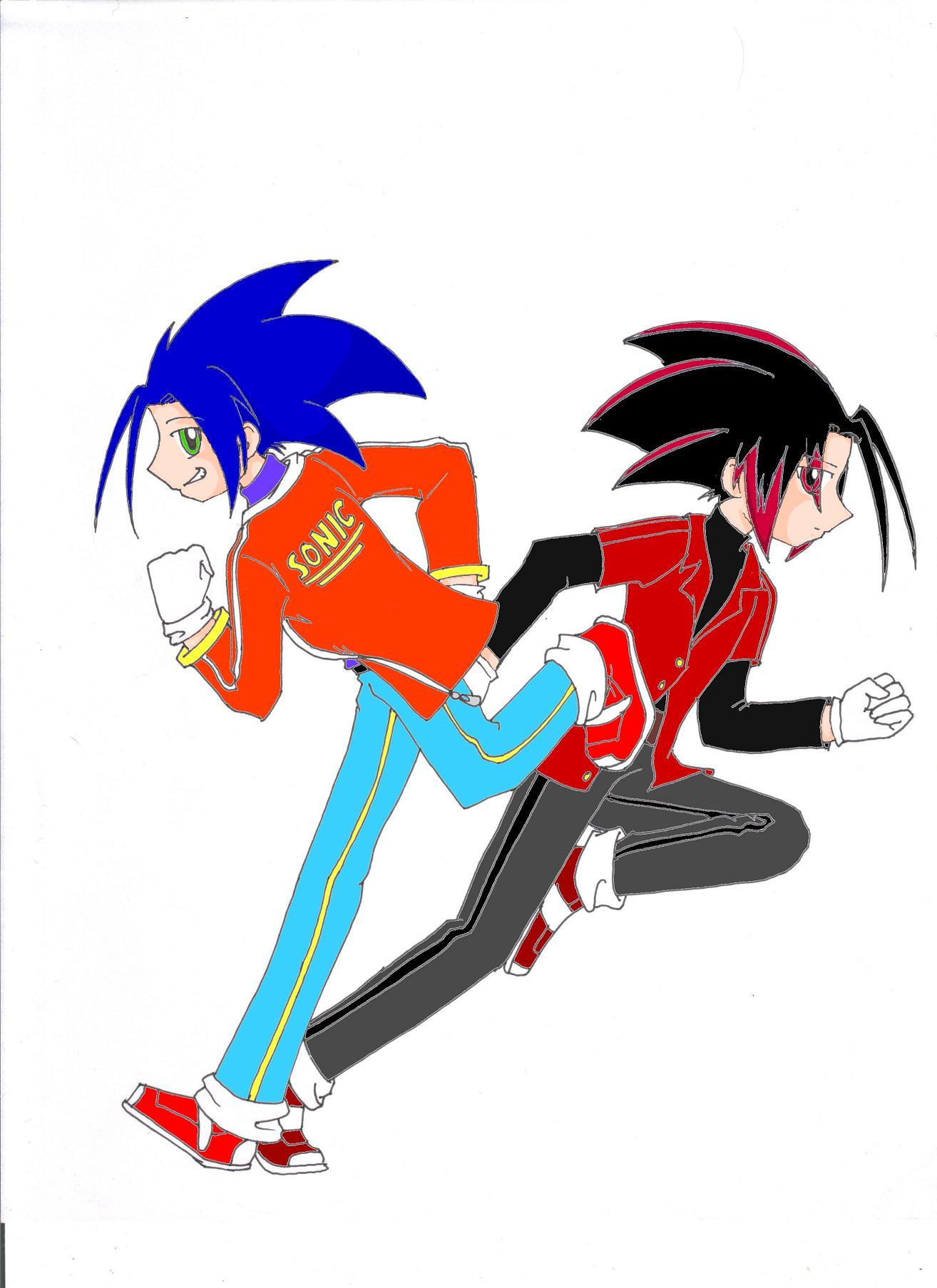 Human Sonic and Shadow (My first picture!) by Ao_bluekitsune