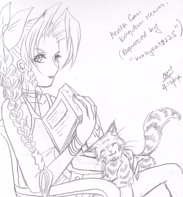 Request Art - "Aerith & Kitty" (Kingdom Hearts) by blackwings