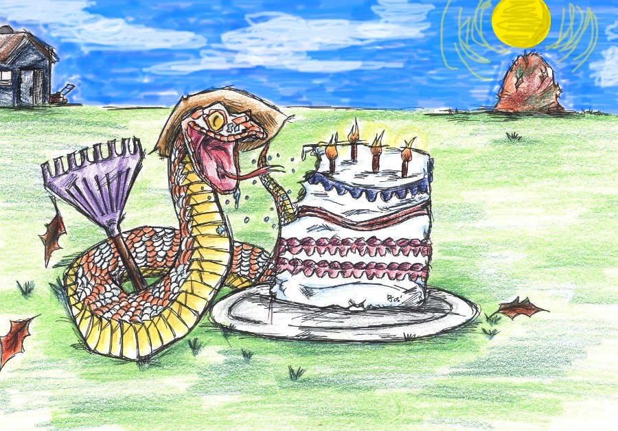 A Snake With A Rake Eating Cake by broken_lizard2
