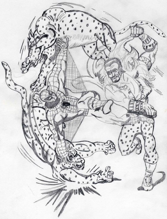 Spider-man vs. Kraven the Hunter and his pets by Chibodee