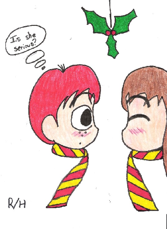 Ron/Hermione Mistletoe Chibis Colored by Coolstra