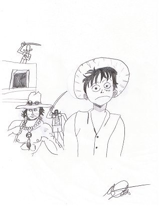 Luffy and Trace surrounded by cartoon