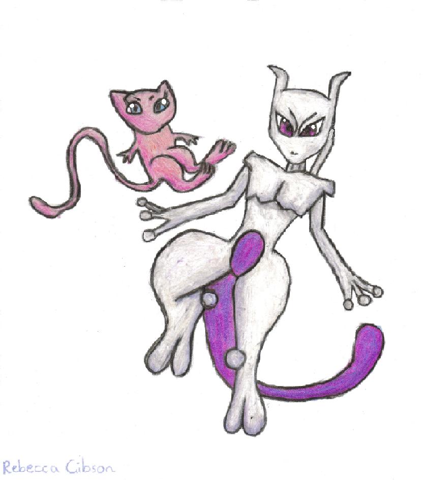 Mew + Mewtwo by corpsebecky