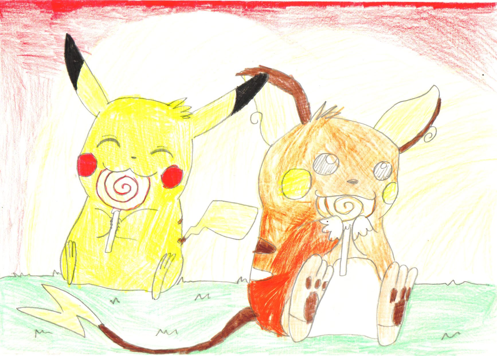 Pikachu and Raichu holding lollipops by DarkDemonDragon