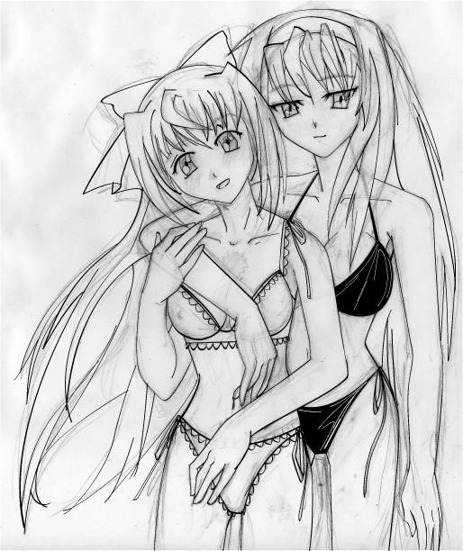 Himeko and Chikane at the Beach(Pencilw/line) by Desirie