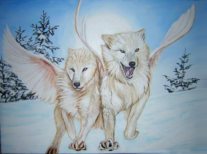Arctic Flight Wolfies painting commission by DragonCat-Ink