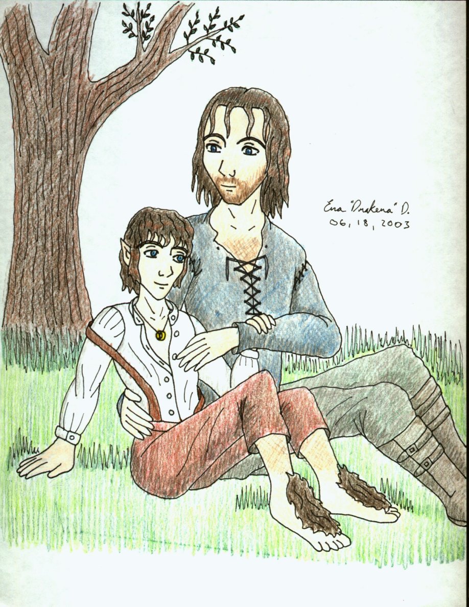 Aragorn and Frodo cuddle (LOTR Slash male/male) by DrakenaTheDestroyer