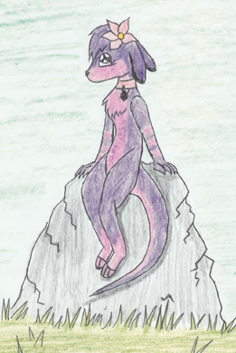 Pink and purple ottsel sitting on a rock by darkravenofchaos