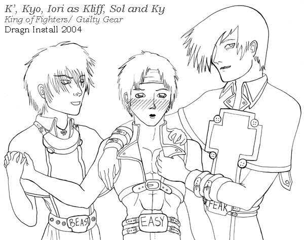 K', Kyo, Iori as Kliff, Sol and Ky by dressdragn