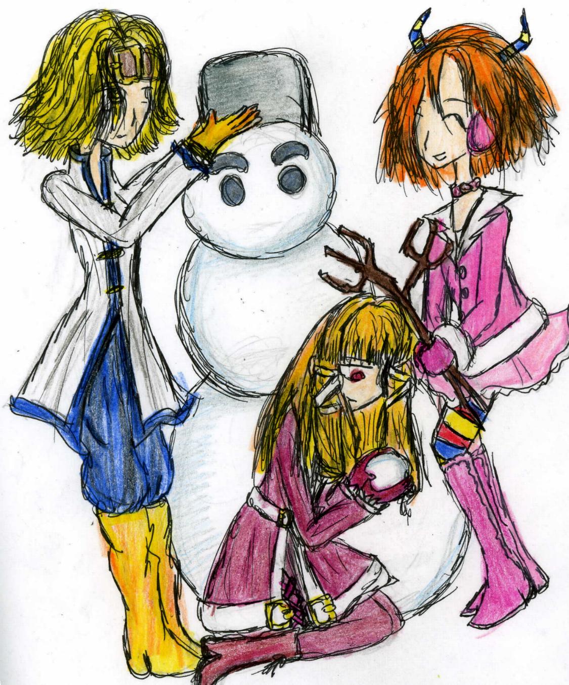 Linda, Rosalyn, & Marlene bulid a snowman.... by Evil_Summoner