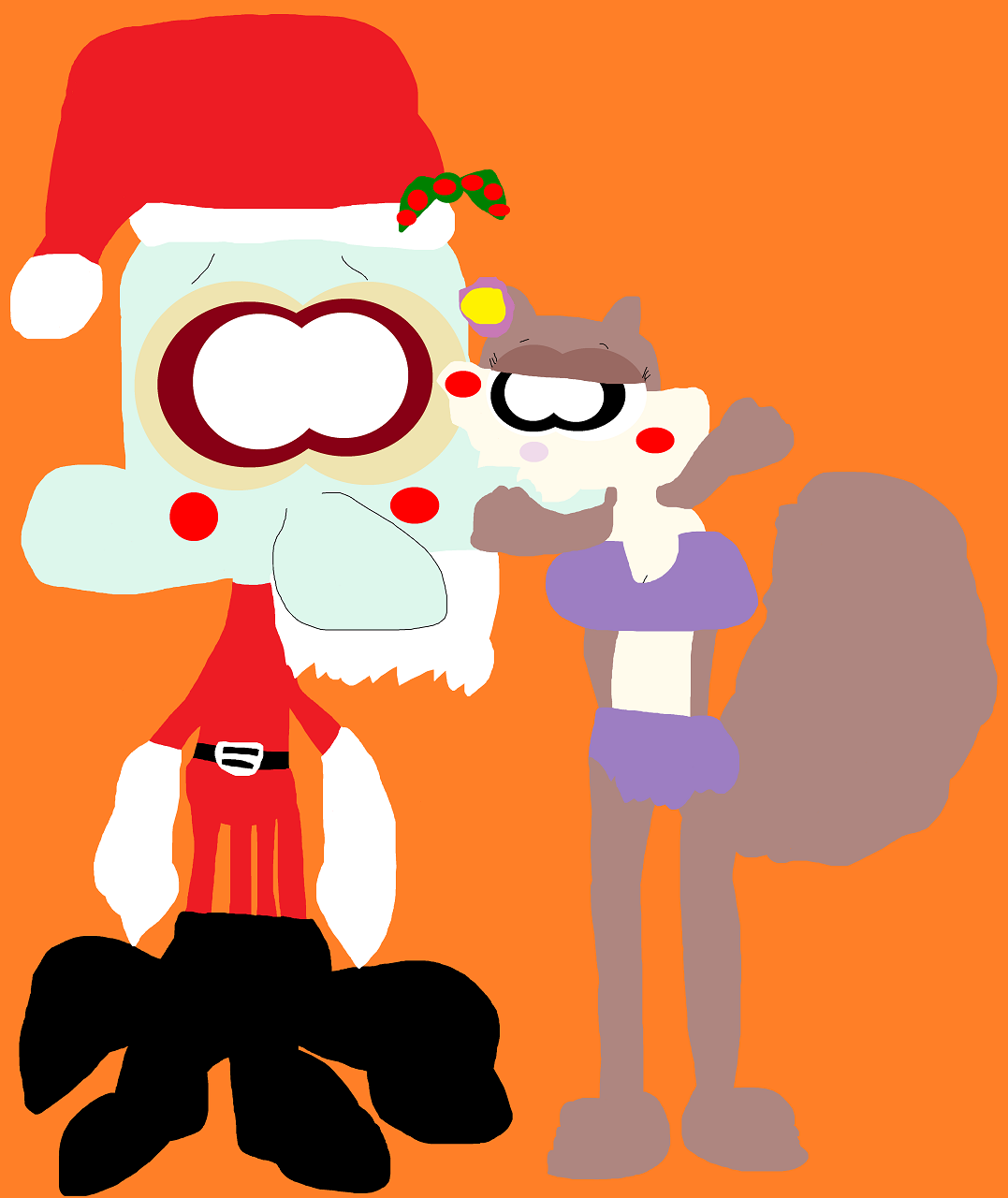 Sandy Kissing Squidward In His Santa Outfit And Mistletoe Hat by Falconlobo