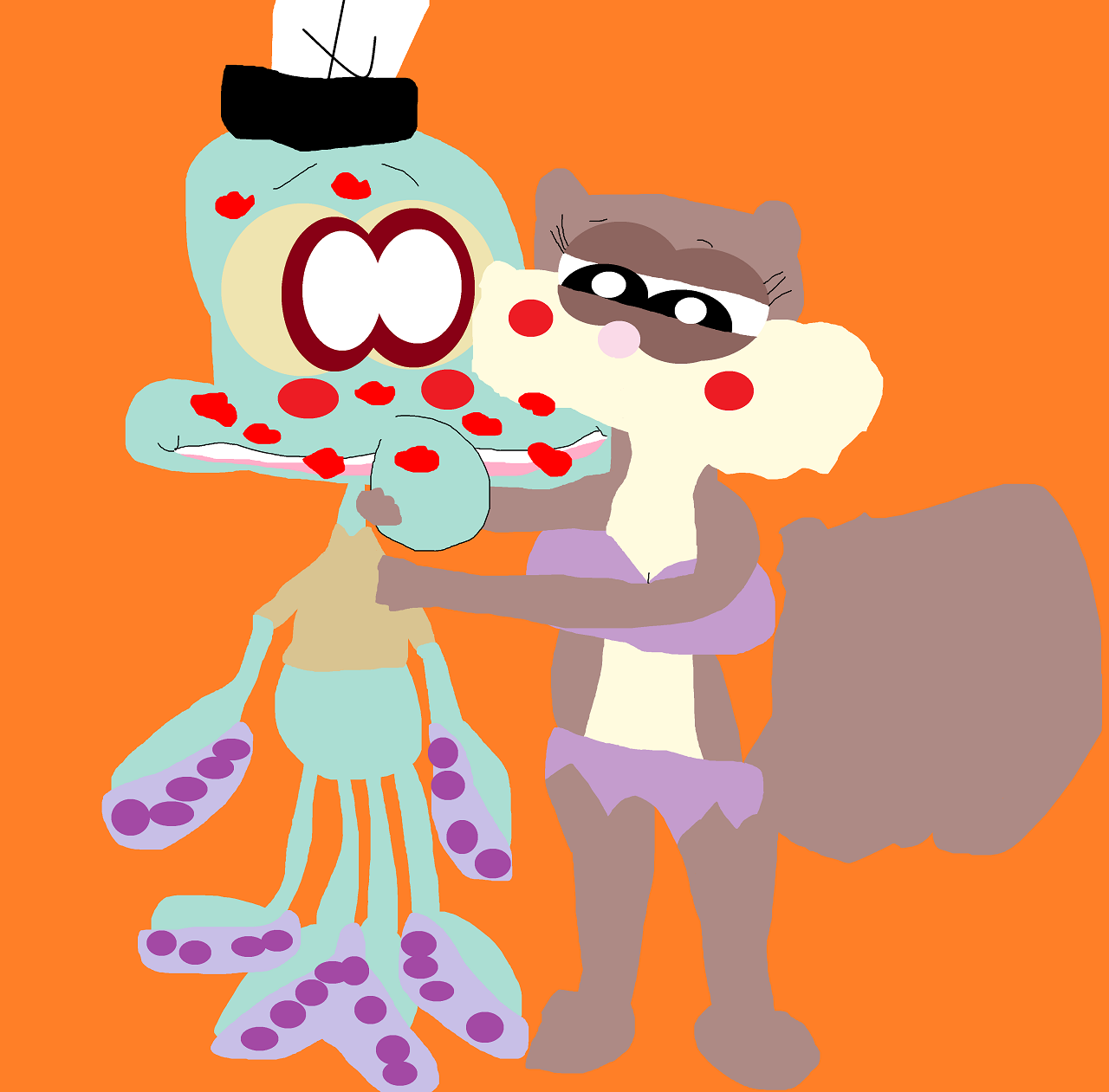 Sandy Covering Squidward With Kisses by Falconlobo