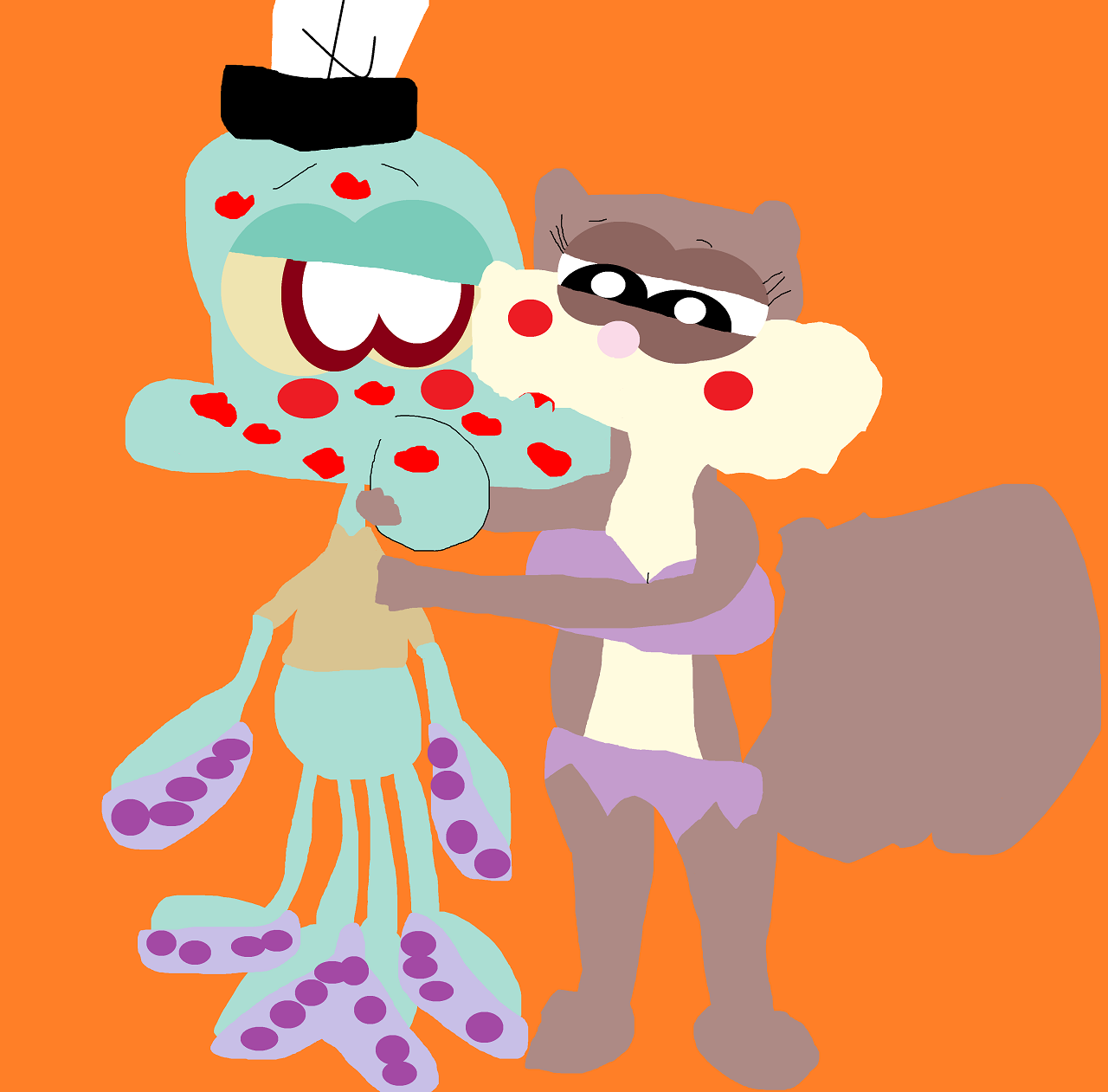 Sandy Covering Squidward With Kisses Alt by Falconlobo