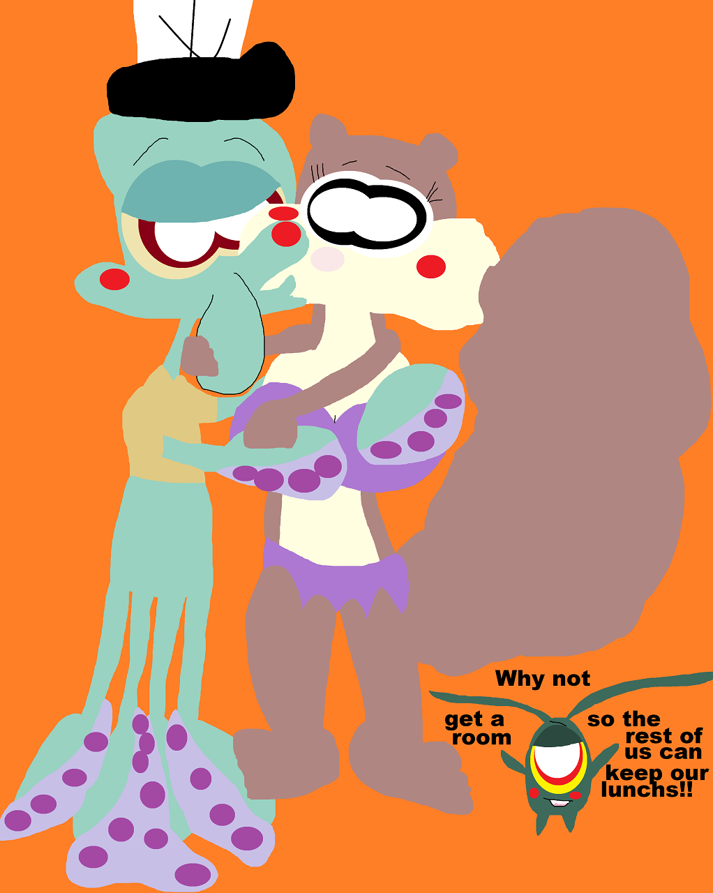 Squidward And Sandy Kissing With Plankton Saying Get A Room Again by Falconlobo