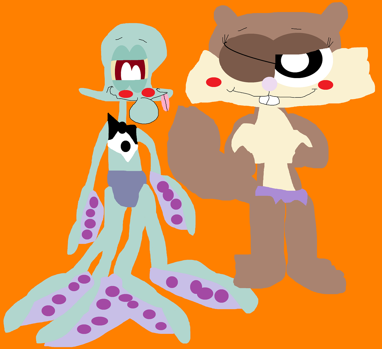 Sandy Winking At Squidward Who's Wearing A Bowtie And Undies Alt by Falconlobo