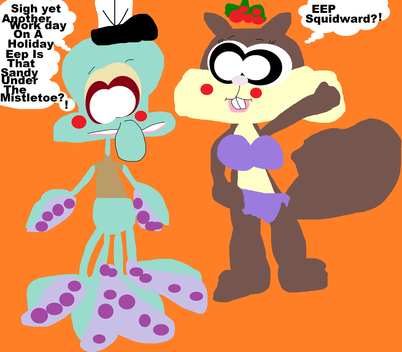 Awkward Squidward And Sandy Mistletoe Scene by Falconlobo