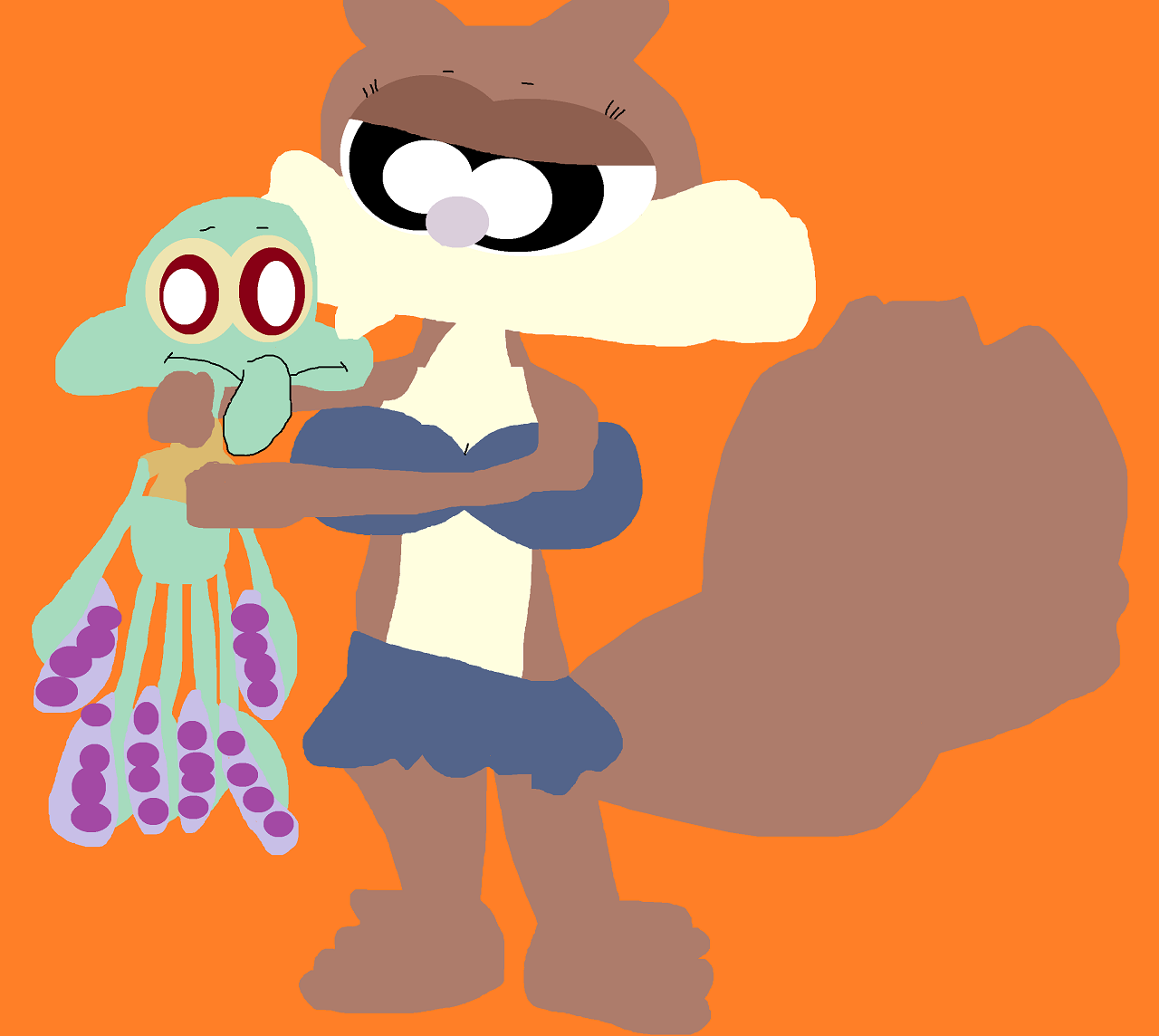 Sandy With A Squidward Plushie Again Alt by Falconlobo