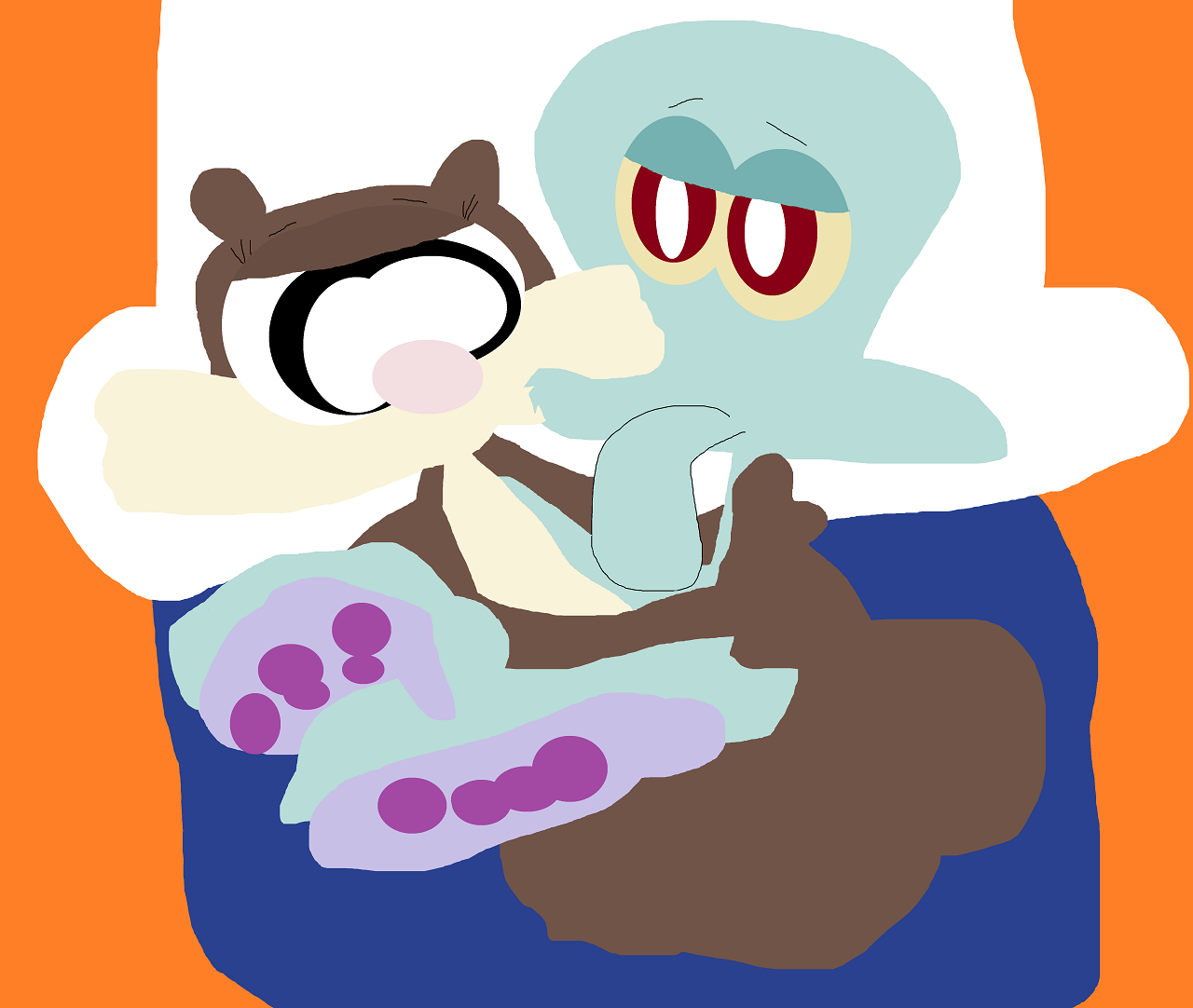 Squidward Sandy Snuggling In Bed by Falconlobo
