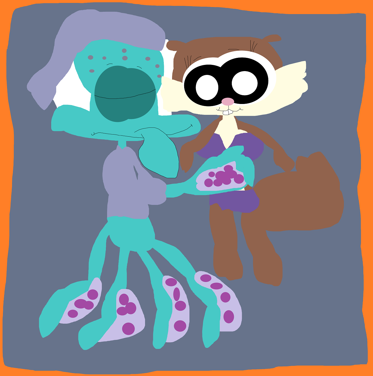 Squidward Snuggling With A Giant Sandy Plush by Falconlobo