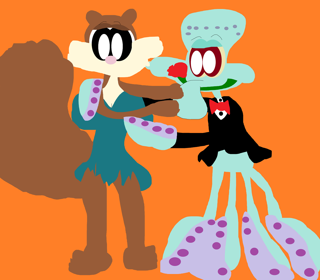 Squidward Dancing And Kissing Sandy+A Rose Under His Nose by Falconlobo