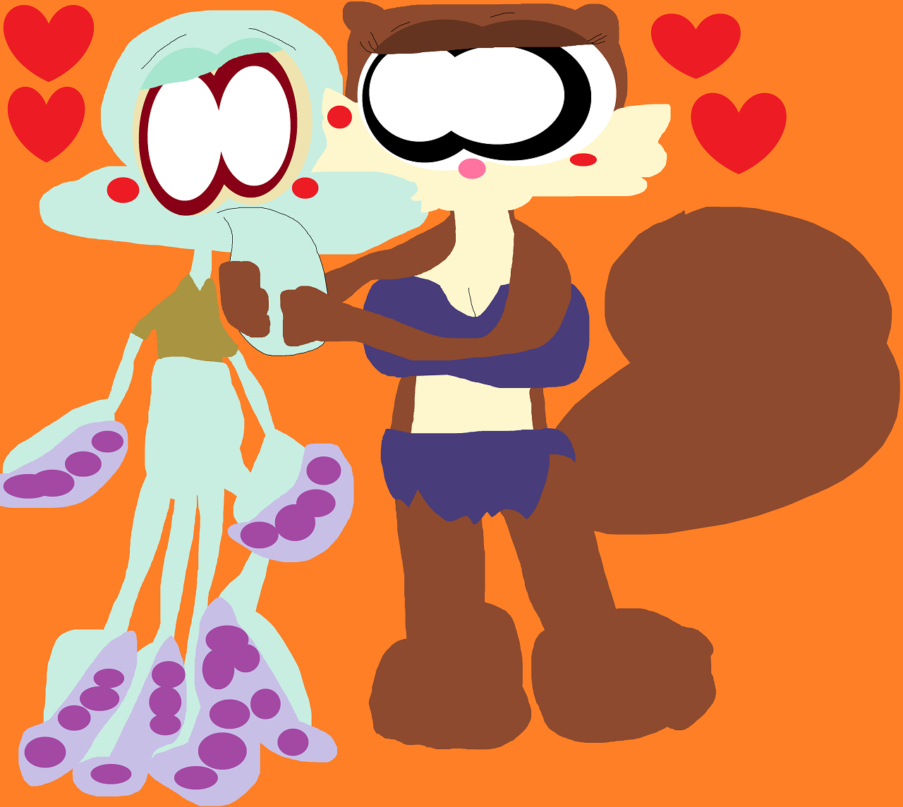Squidward And Sandy Kissing With Hearts Around Them by Falconlobo