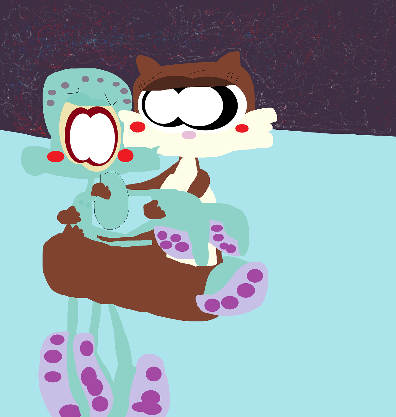 Squidward And Sandy Skinny Dipping And Kissing During Fireworks by Falconlobo