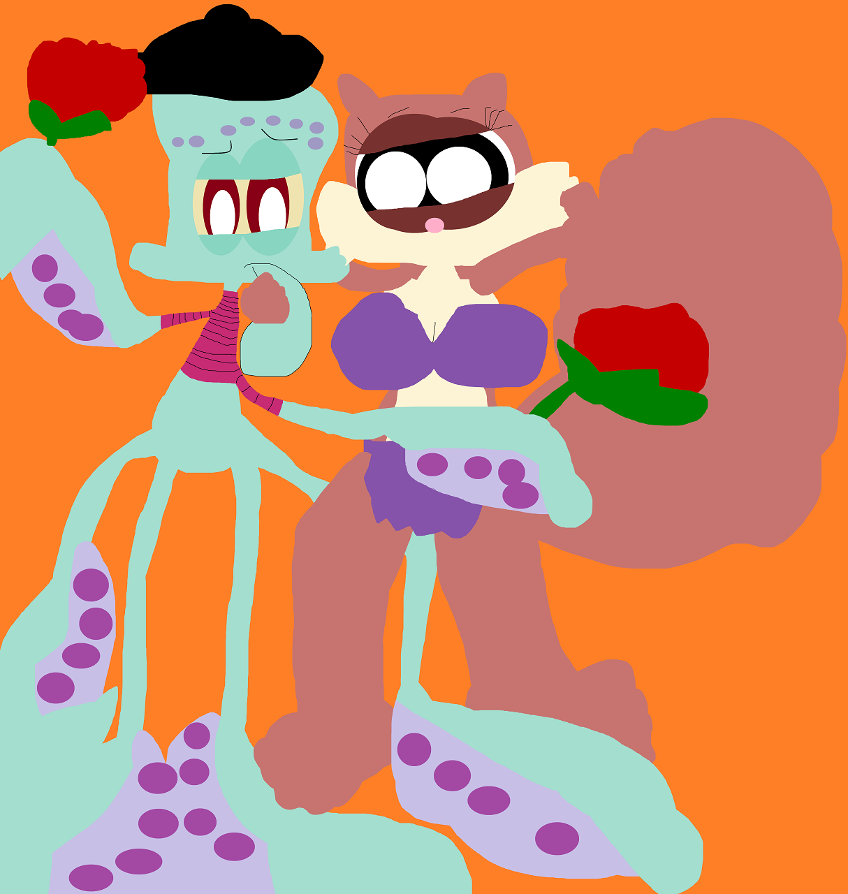 Squidward Has Two Roses For Sandy While Being Kissed by Falconlobo