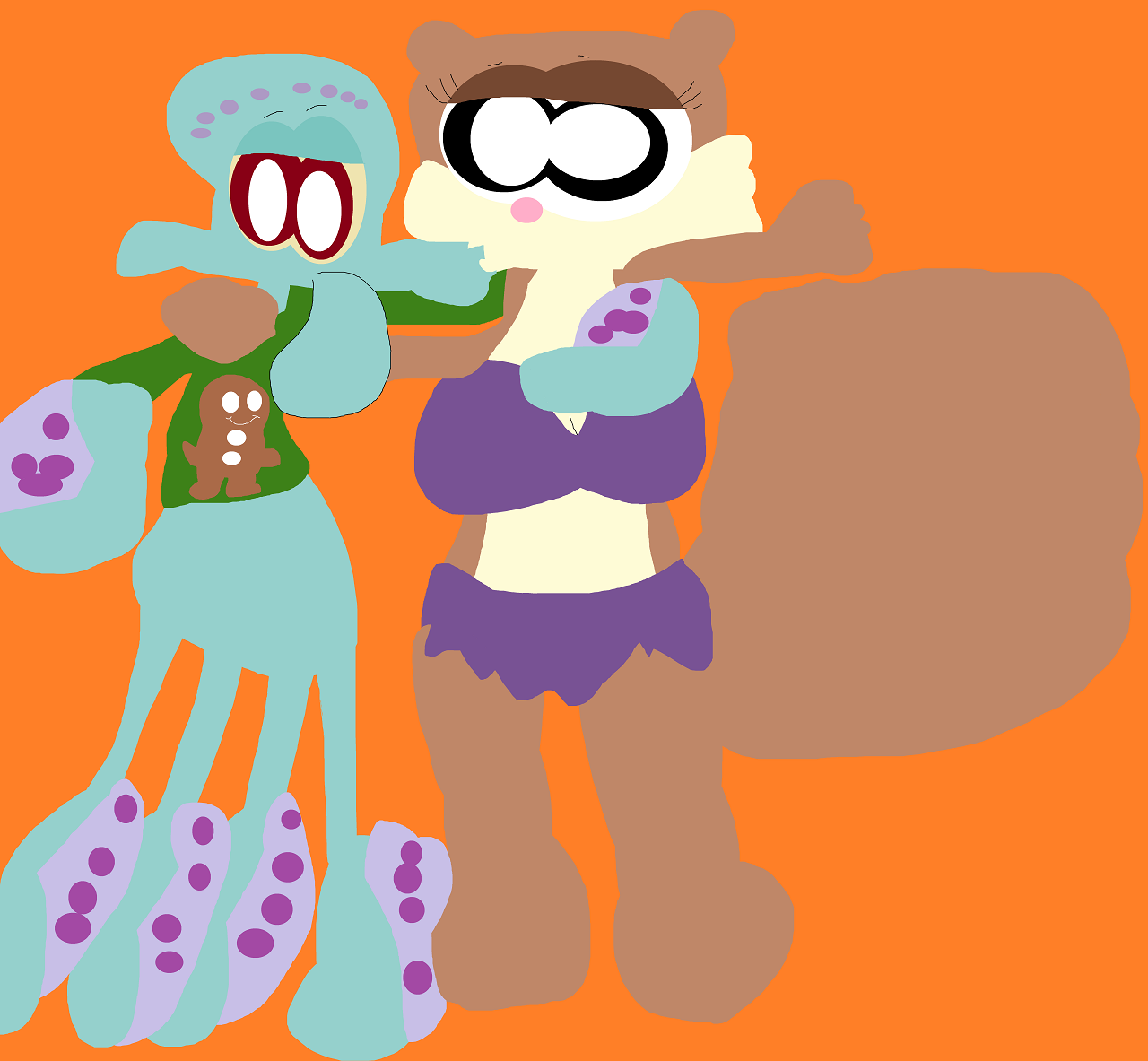 Squidward Kissing Sandy While Wearing A Gingerbread Sweater by Falconlobo
