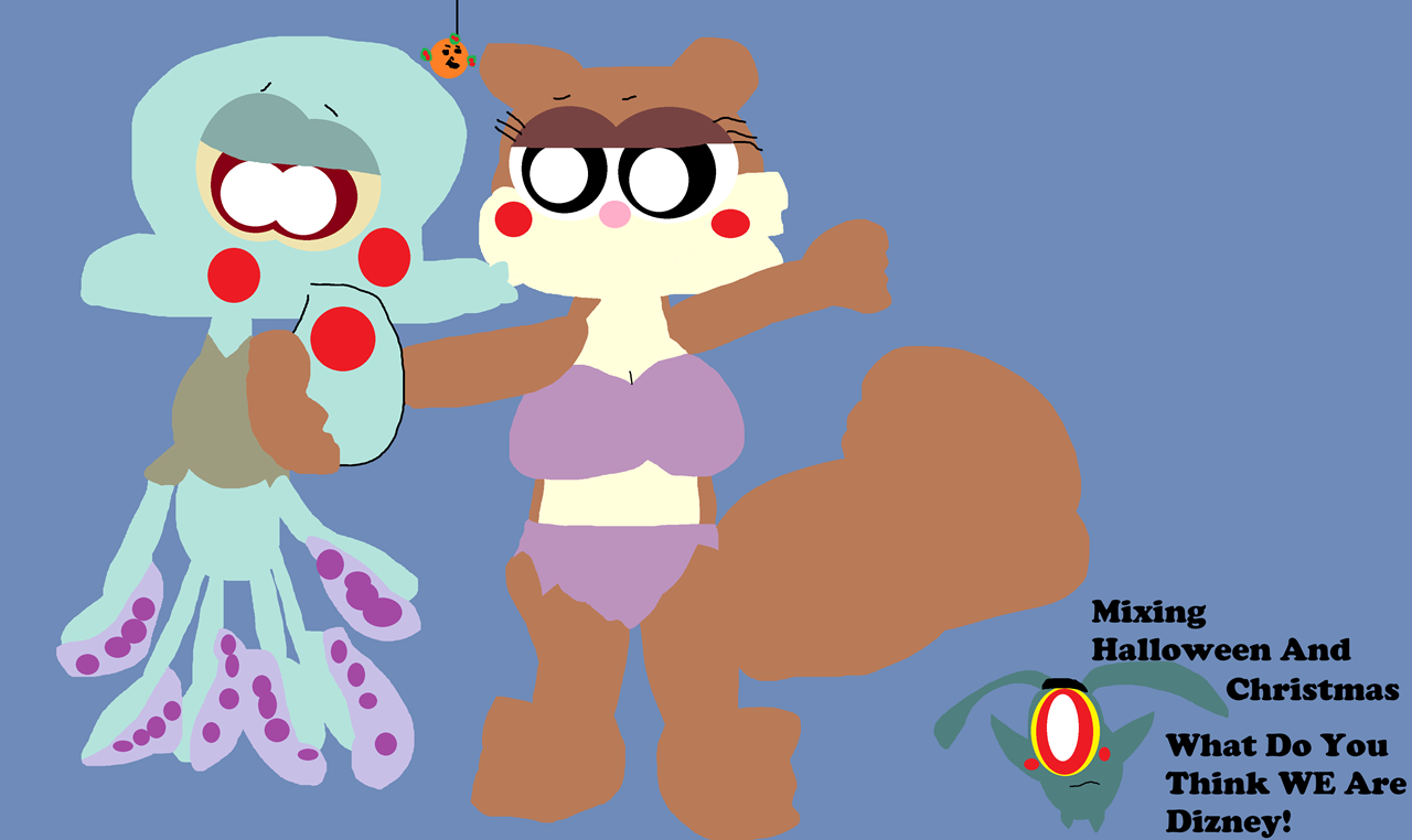 Squidward Sandy Xover Holidays Kiss Spelled Wrong On Purpose^^ by Falconlobo