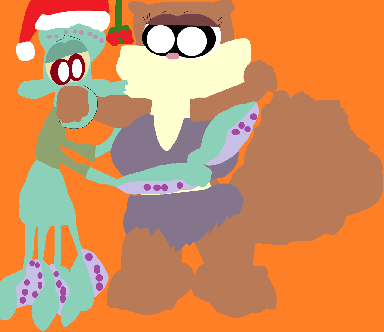 Squidward And Sandy Smooching Under The Mistletoe^^ by Falconlobo