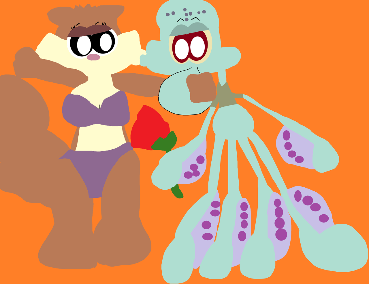 Squidward Handing Sandy A Rose While They Kiss^^ by Falconlobo
