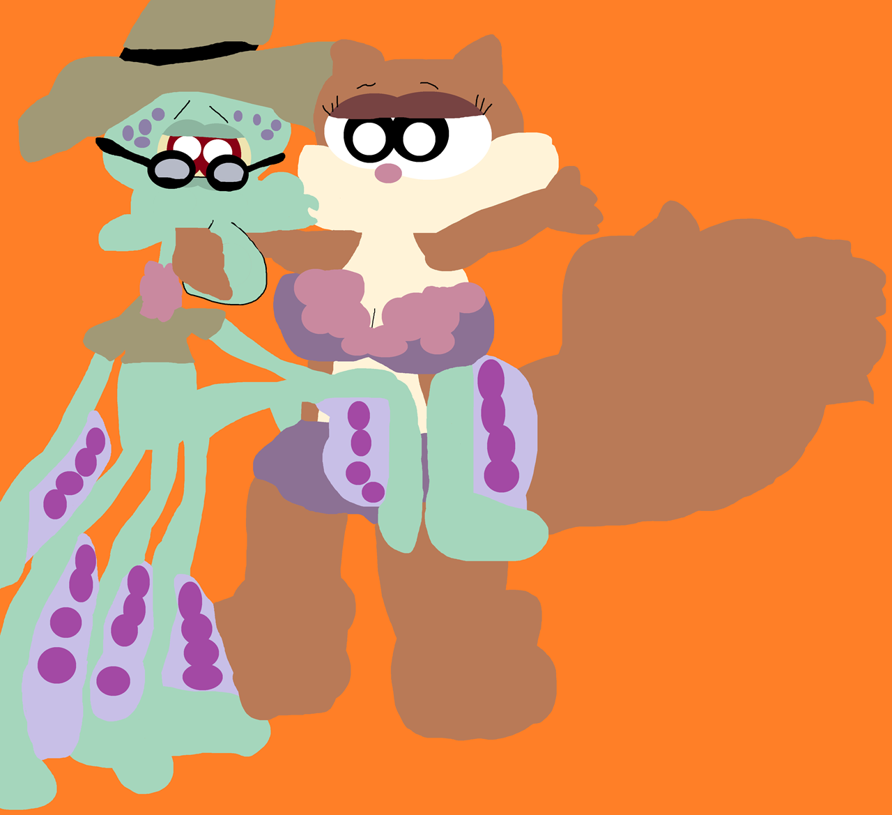 Squidward Sandy On Vacation +Kissing by Falconlobo