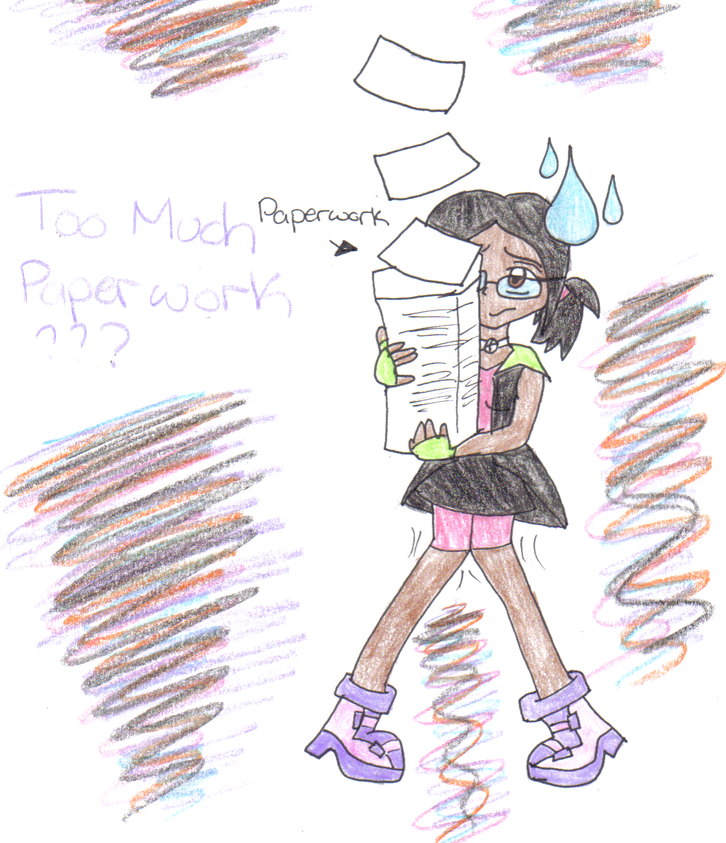 Too Much Paperwork- Pencil Crayon by FallingRaindrops