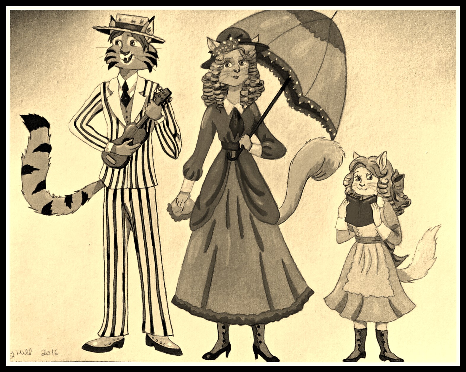 1910 Cat Family-Sepia Color by FoxyFlapper
