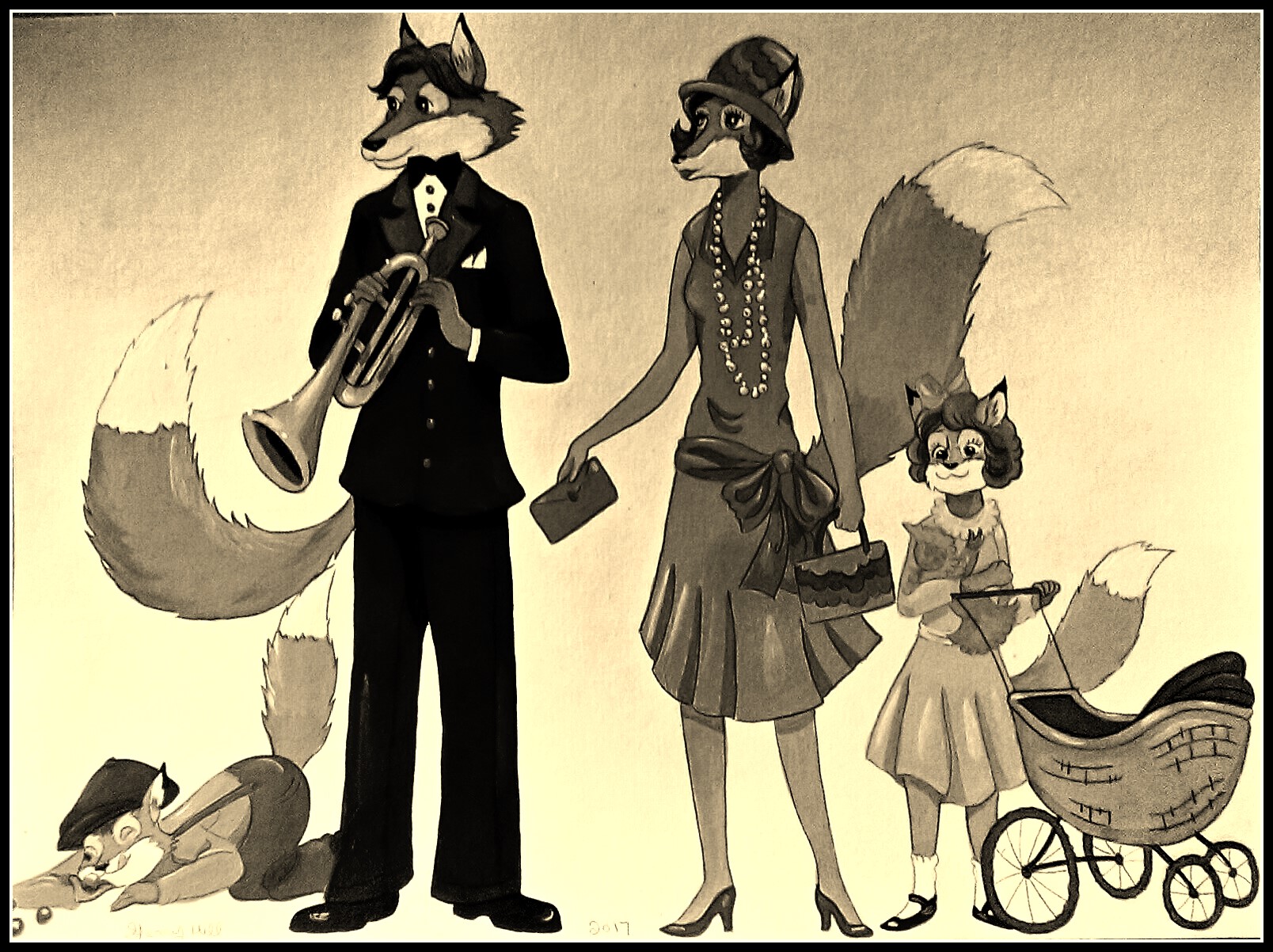 1920's Fox Family-Sepia Color by FoxyFlapper