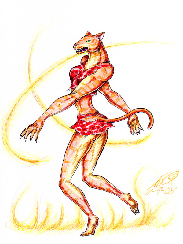 Female Cat Warrior Dancing With Fire by FudgemintGuardian