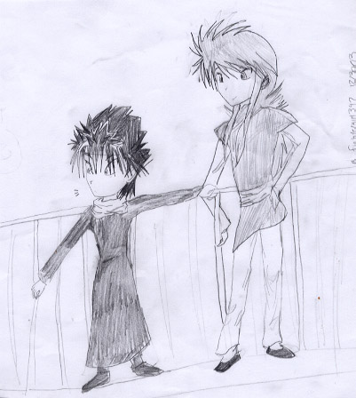Hiei and Kurama leaning on a fence by fightergirl347