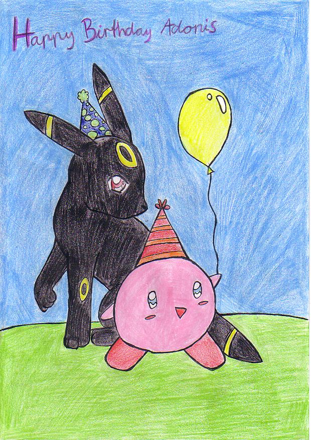 Umbreon and Kirby's birthday party (gift for Adonis) by flying_Jone