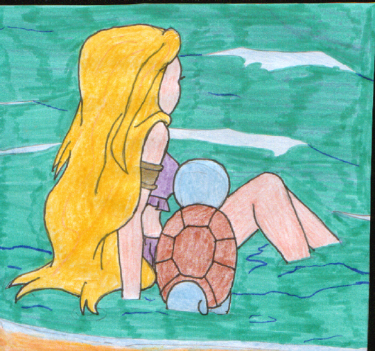 Zerra and a pokemon at the sea by freyaloi