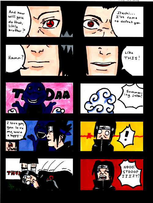 Itachi vs. Sasuke and...Barney?! by hakutheblindedsoul