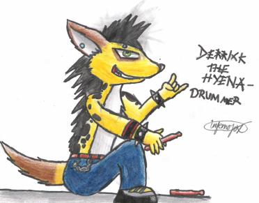 Derrick the hyena -drummer (coloured) by inferno_fox
