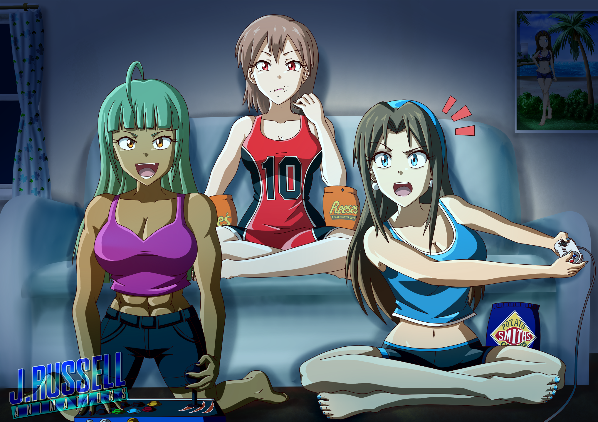 Late night gaming session - Yumiko, Noelle & Amber by JRussellAnimations