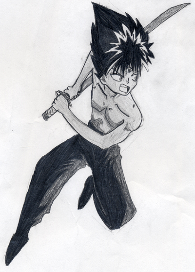 Hiei attacking (shirtless ^.^) by JaganshiHiei