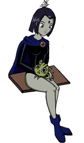 Raven with Beastboy as kitty on lap by Jamwinston
