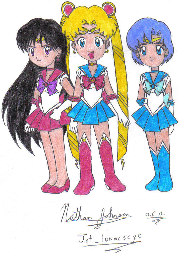 Chibi Sailor Moon, Mercury and Mars by Jet_lunarskye