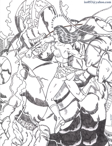 alpha: Wonder Woman vs. Validus (pencil) by jira